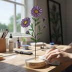 Handmade stained glass birth flower with engraved wooden base, personalized glass flower decor for birthday, mother’s day and memorial gift