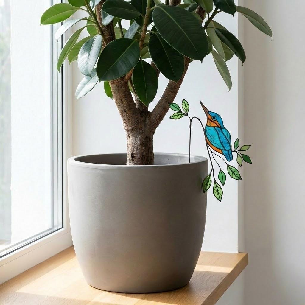 Handmade stained glass snail plant stake with amber shell and green leaves, cute cottagecore garden decor for indoor pots, gift for plant lover.