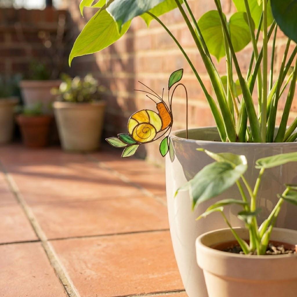 Handmade stained glass snail plant stake with amber shell and green leaves, cute cottagecore garden decor for indoor pots, gift for plant lover.