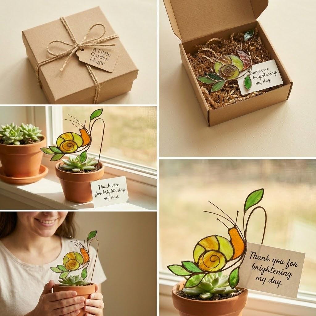 Handmade stained glass snail plant stake with amber shell and green leaves, cute cottagecore garden decor for indoor pots, gift for plant lover.