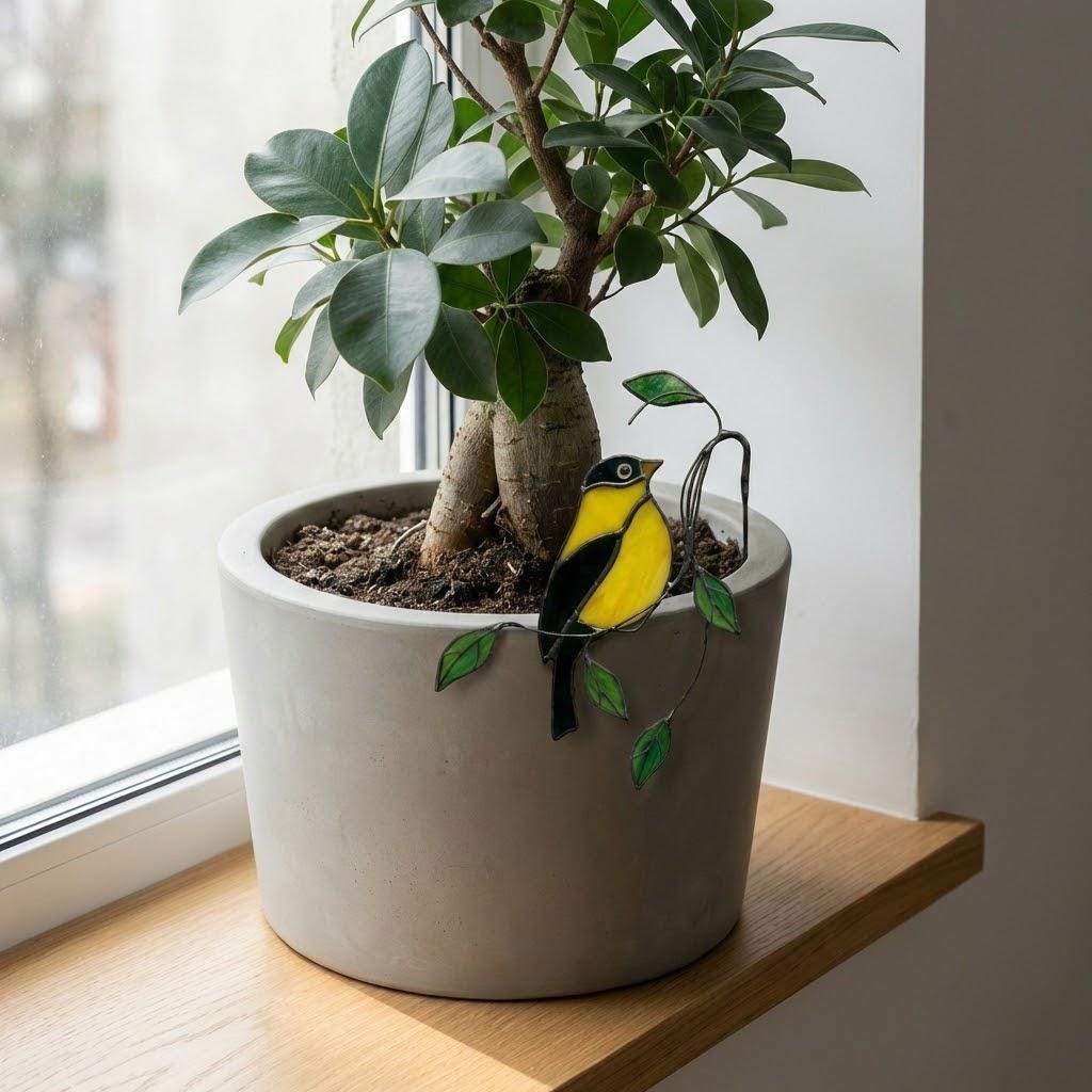 Handmade stained glass snail plant stake with amber shell and green leaves, cute cottagecore garden decor for indoor pots, gift for plant lover.