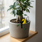 Handmade stained glass snail plant stake with amber shell and green leaves, cute cottagecore garden decor for indoor pots, gift for plant lover.