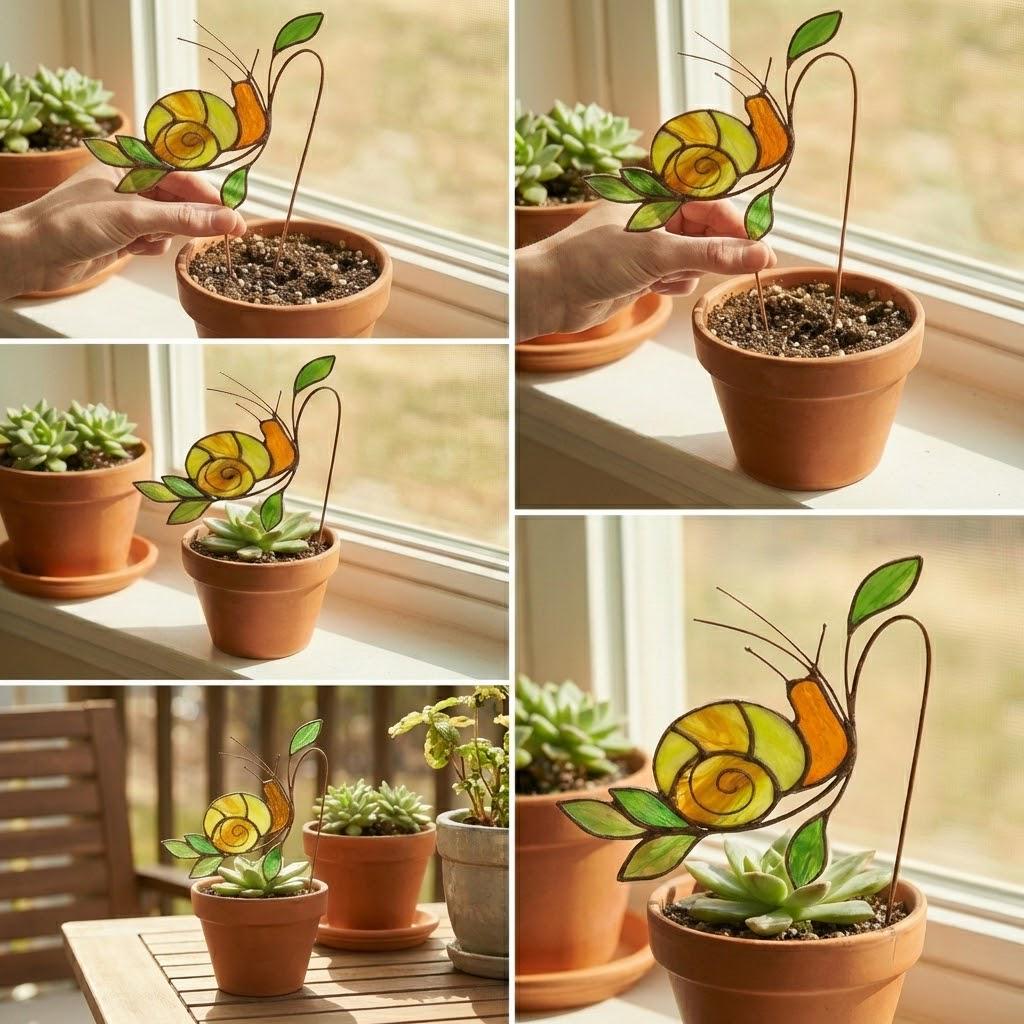 Handmade stained glass snail plant stake with amber shell and green leaves, cute cottagecore garden decor for indoor pots, gift for plant lover.