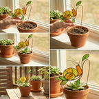 Handmade stained glass snail plant stake with amber shell and green leaves, cute cottagecore garden decor for indoor pots, gift for plant lover.