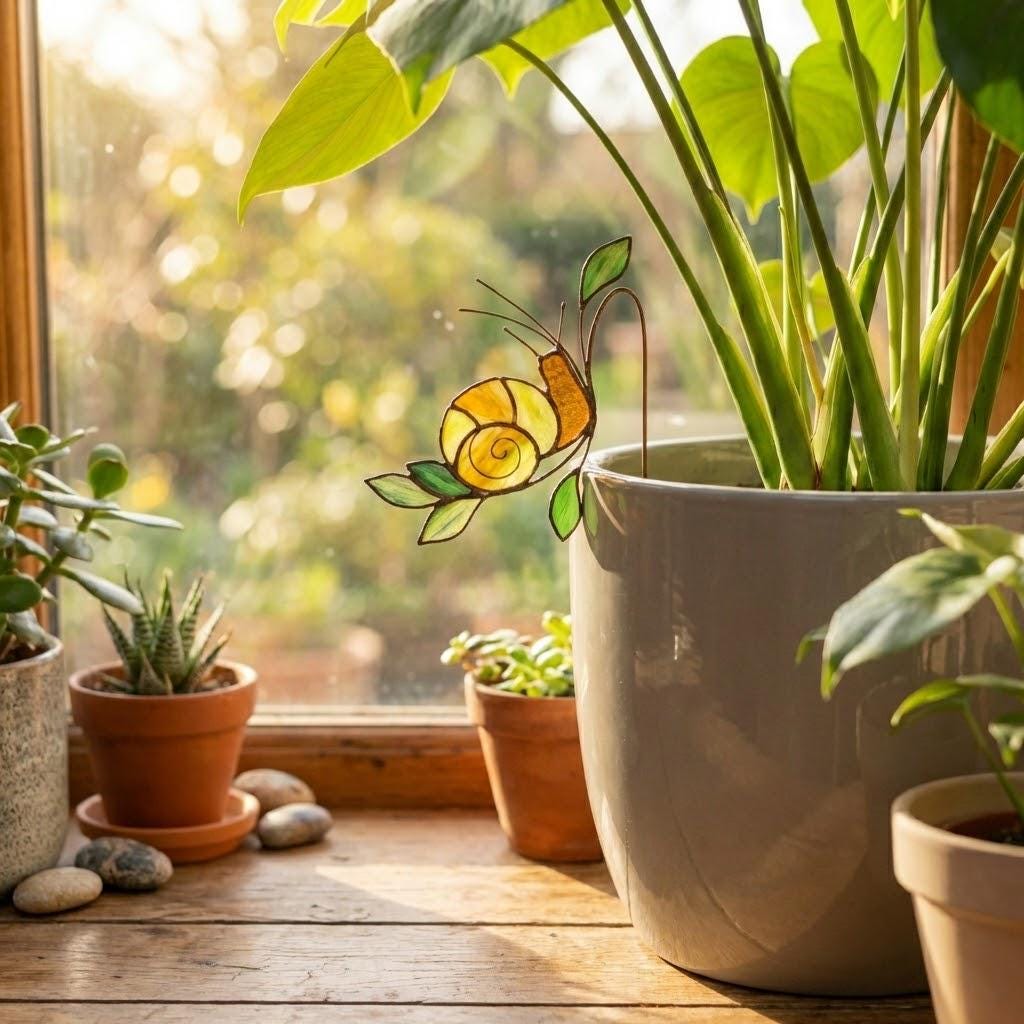 Handmade stained glass snail plant stake with amber shell and green leaves, cute cottagecore garden decor for indoor pots, gift for plant lover.