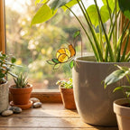 Handmade stained glass snail plant stake with amber shell and green leaves, cute cottagecore garden decor for indoor pots, gift for plant lover.