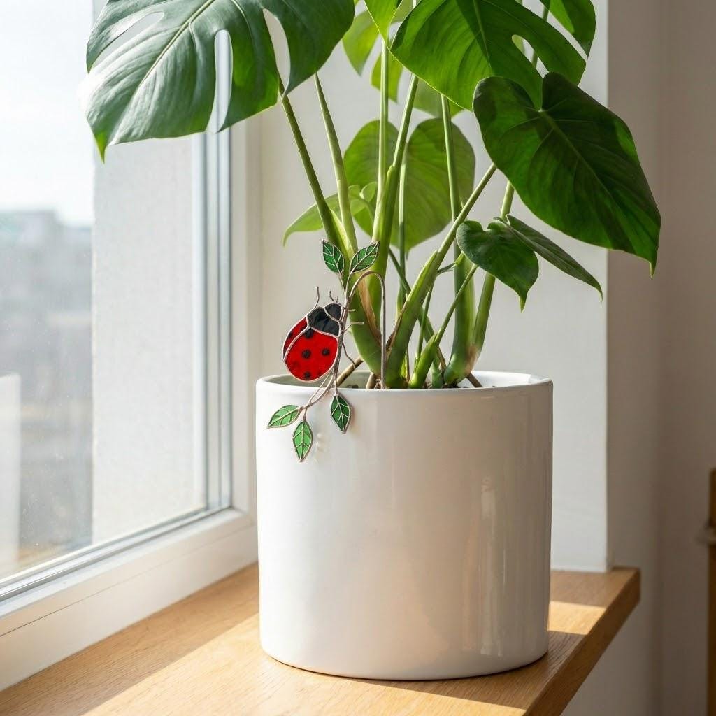 Handmade stained glass snail plant stake with amber shell and green leaves, cute cottagecore garden decor for indoor pots, gift for plant lover.