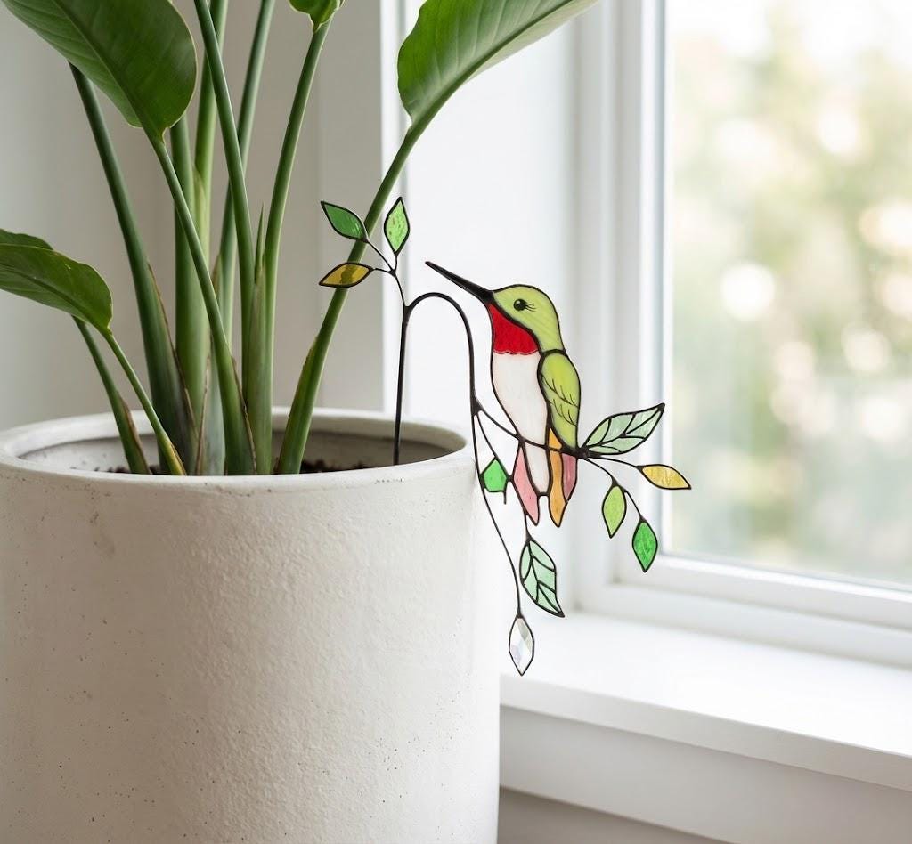 Hummingbird Stained Glass Plant Stake | Cardinal Memorial Gift | Butterfly Suncatcher | Indoor Garden Pot Decor | Mother's Day Gift for Mom
