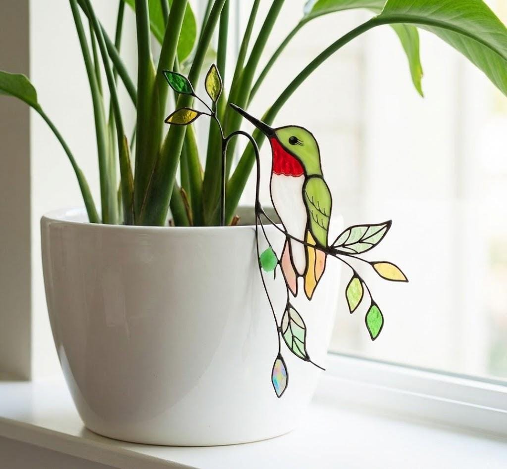 Stained Glass Bird Plant Stake, Hummingbird Cardinal Suncatcher, Indoor Garden Pot Decor, Butterfly Flower Pot Sitter, Gift for Mom Grandma