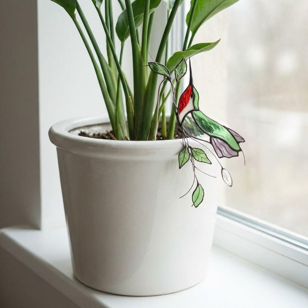 Stained Glass Bird Plant Stake, Hummingbird Cardinal Suncatcher, Indoor Garden Pot Decor, Butterfly Flower Pot Sitter, Gift for Mom Grandma