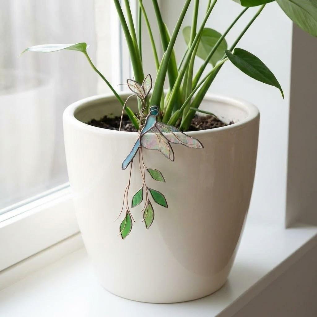 Stained Glass Bird Plant Stake, Hummingbird Cardinal Suncatcher, Indoor Garden Pot Decor, Butterfly Flower Pot Sitter, Gift for Mom Grandma