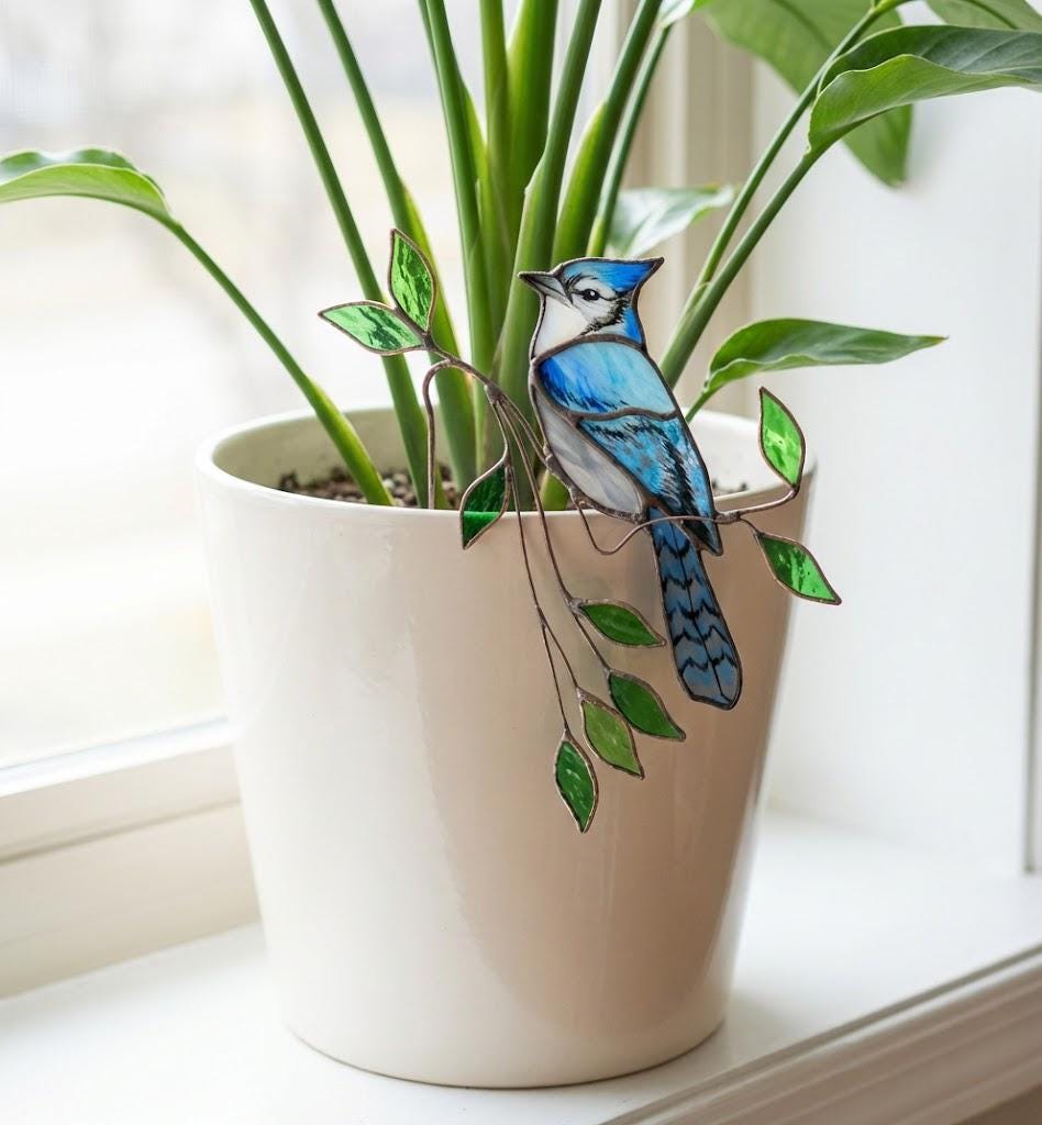 Hummingbird Stained Glass Plant Stake | Cardinal Memorial Gift | Butterfly Suncatcher | Indoor Garden Pot Decor | Mother's Day Gift for Mom