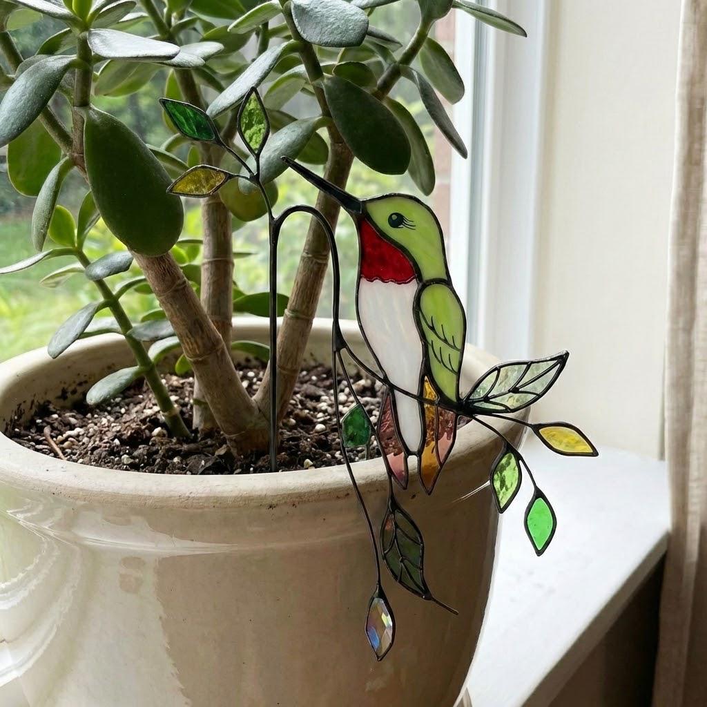 Hummingbird Stained Glass Plant Stake | Cardinal Memorial Gift | Butterfly Suncatcher | Indoor Garden Pot Decor | Mother's Day Gift for Mom