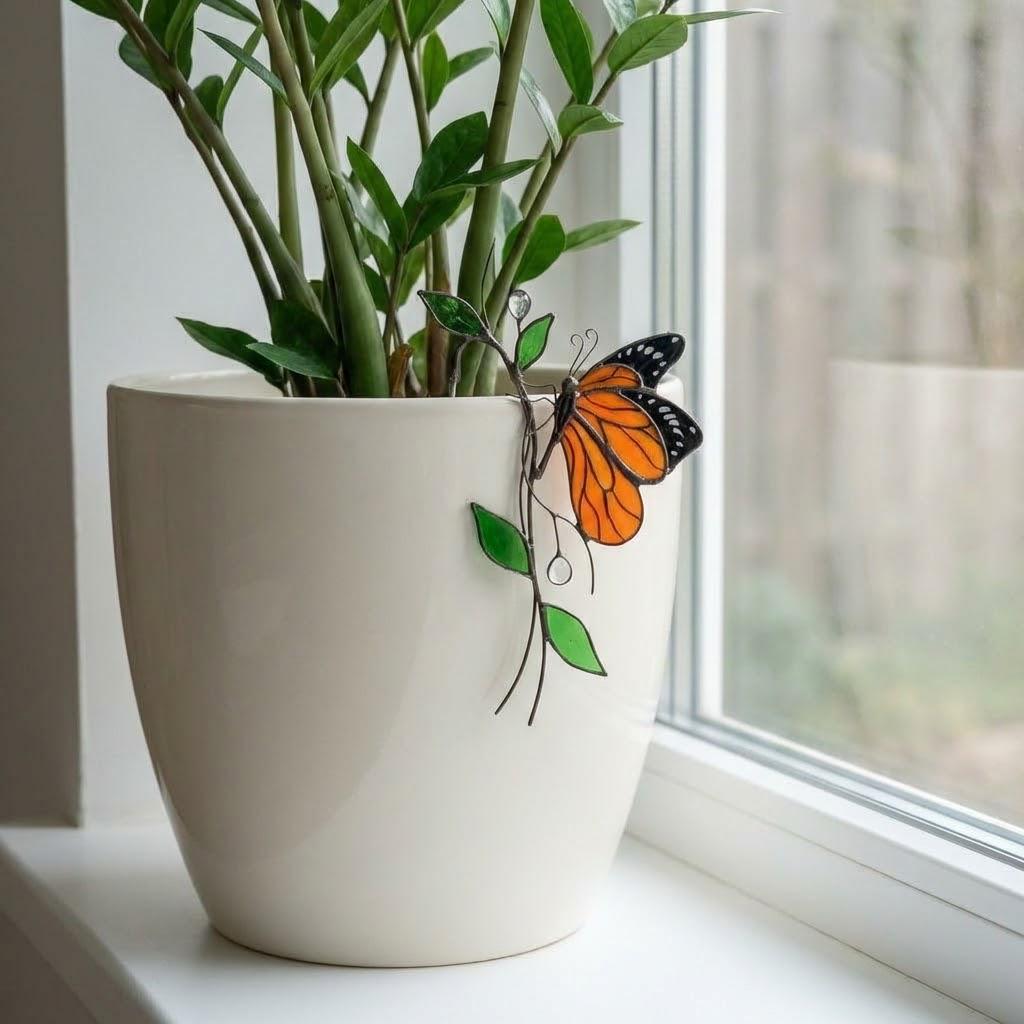 Hummingbird Stained Glass Plant Stake | Cardinal Memorial Gift | Butterfly Suncatcher | Indoor Garden Pot Decor | Mother's Day Gift for Mom