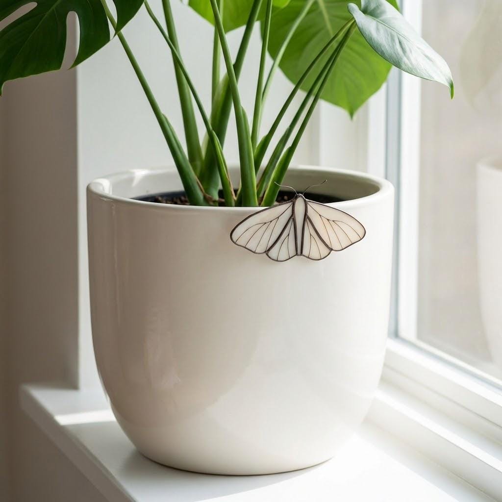 Stained Glass Moth Plant Stake | Luna Moth Pot Sitter | Butterfly Indoor Garden Decor | Plant Lover Gift | Flower Pot Accessories | 1 Pc