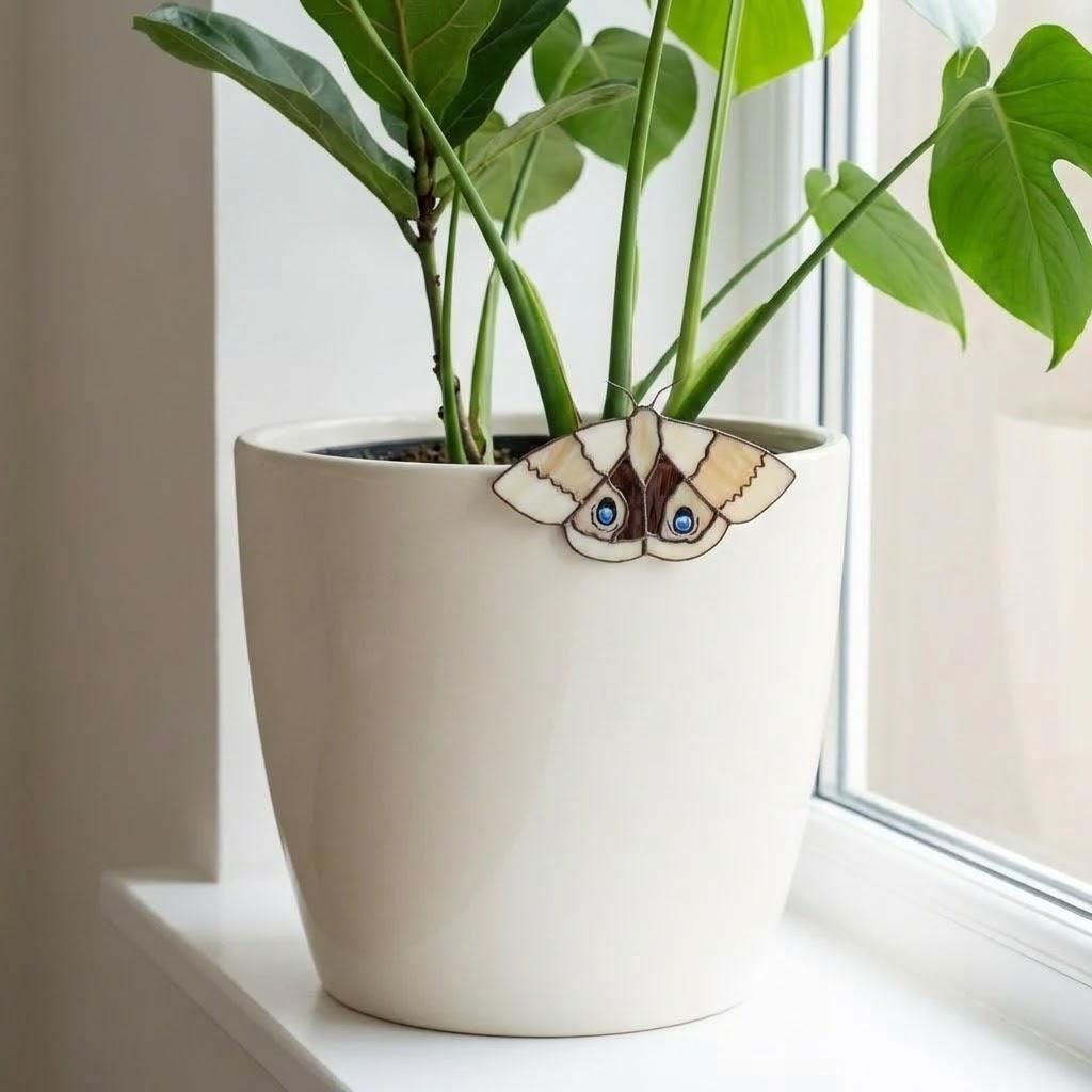 Stained Glass Moth Plant Stake | Luna Moth Pot Sitter | Butterfly Indoor Garden Decor | Plant Lover Gift | Flower Pot Accessories | 1 Pc