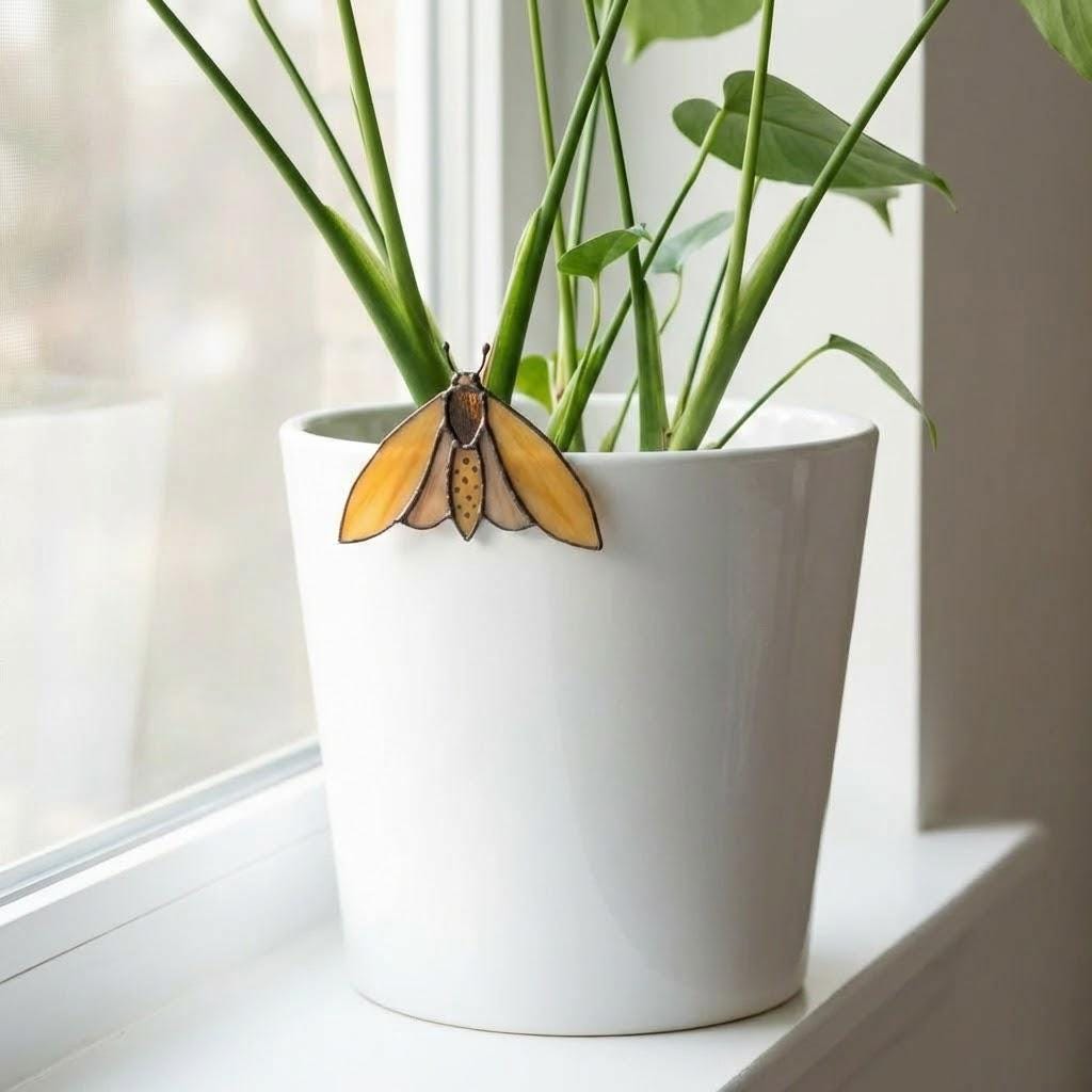 Stained Glass Moth Plant Stake | Luna Moth Pot Sitter | Butterfly Indoor Garden Decor | Plant Lover Gift | Flower Pot Accessories | 1 Pc