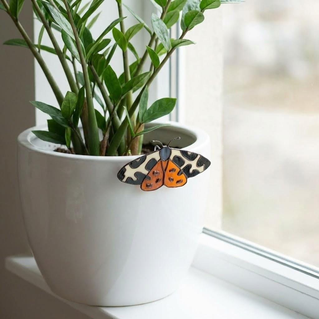 Stained Glass Moth Plant Stake | Luna Moth Pot Sitter | Butterfly Indoor Garden Decor | Plant Lover Gift | Flower Pot Accessories | 1 Pc