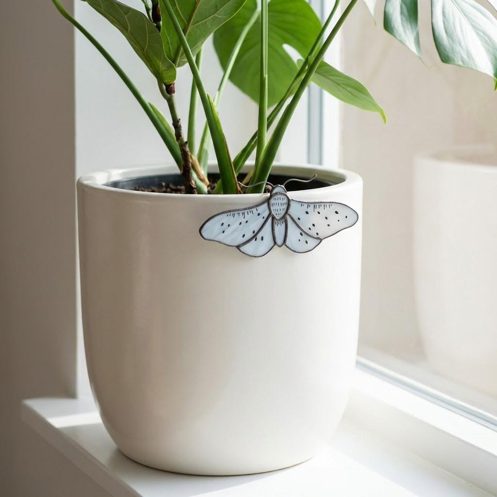 Stained Glass Moth Plant Stake | Luna Moth Pot Sitter | Butterfly Indoor Garden Decor | Plant Lover Gift | Flower Pot Accessories | 1 Pc