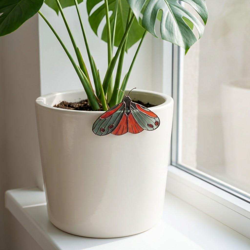 Stained Glass Moth Plant Stake | Luna Moth Pot Sitter | Butterfly Indoor Garden Decor | Plant Lover Gift | Flower Pot Accessories | 1 Pc