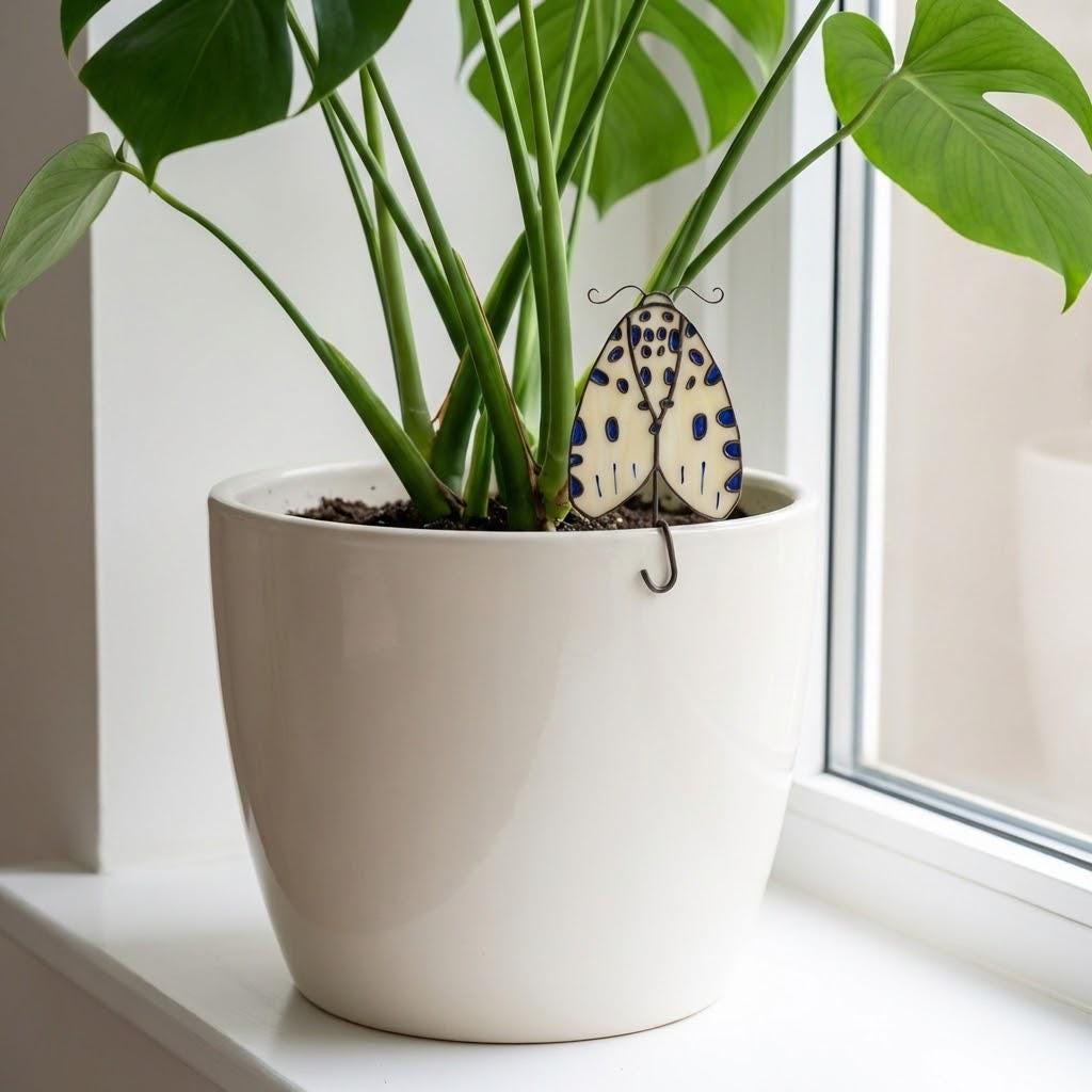 Stained Glass Moth Plant Stake | Luna Moth Pot Sitter | Butterfly Indoor Garden Decor | Plant Lover Gift | Flower Pot Accessories | 1 Pc