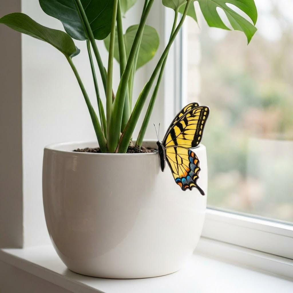 Stained Glass Butterfly Plant Stake - Monarch Blue Morpho Pot Decor - Indoor Planter Decoration - Garden Lover Gift for Mom -Valentine's Day