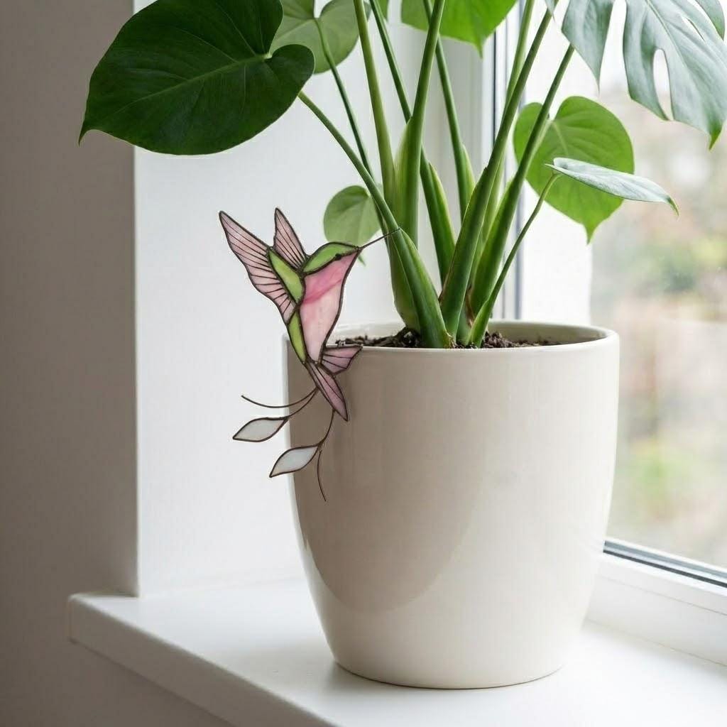 Stained Glass Hummingbird Plant Stake | Bird Suncatcher Figurine | Flower Pot Decor | Gardener Gift for Mom | Indoor Garden Art