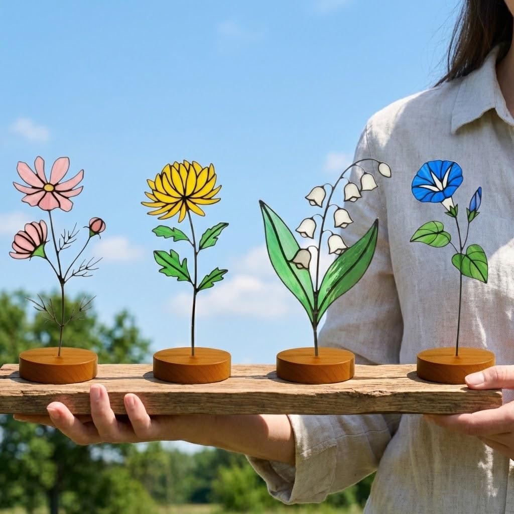 Handmade stained glass birth flower with engraved wooden base, personalized flower decor gift for birthday, mother’s day and home decor