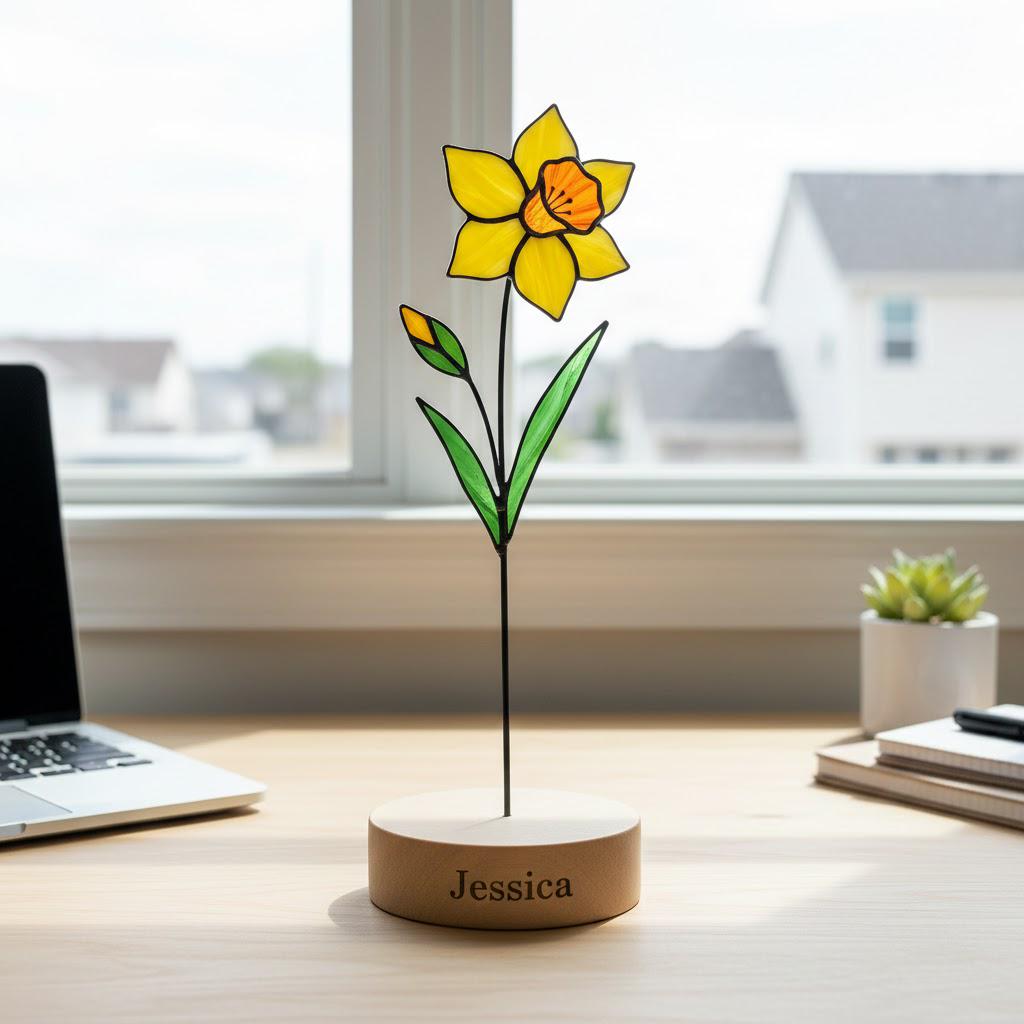 Handmade stained glass birth flower with engraved wooden base, personalized flower decor gift for birthday, mother’s day and home decor