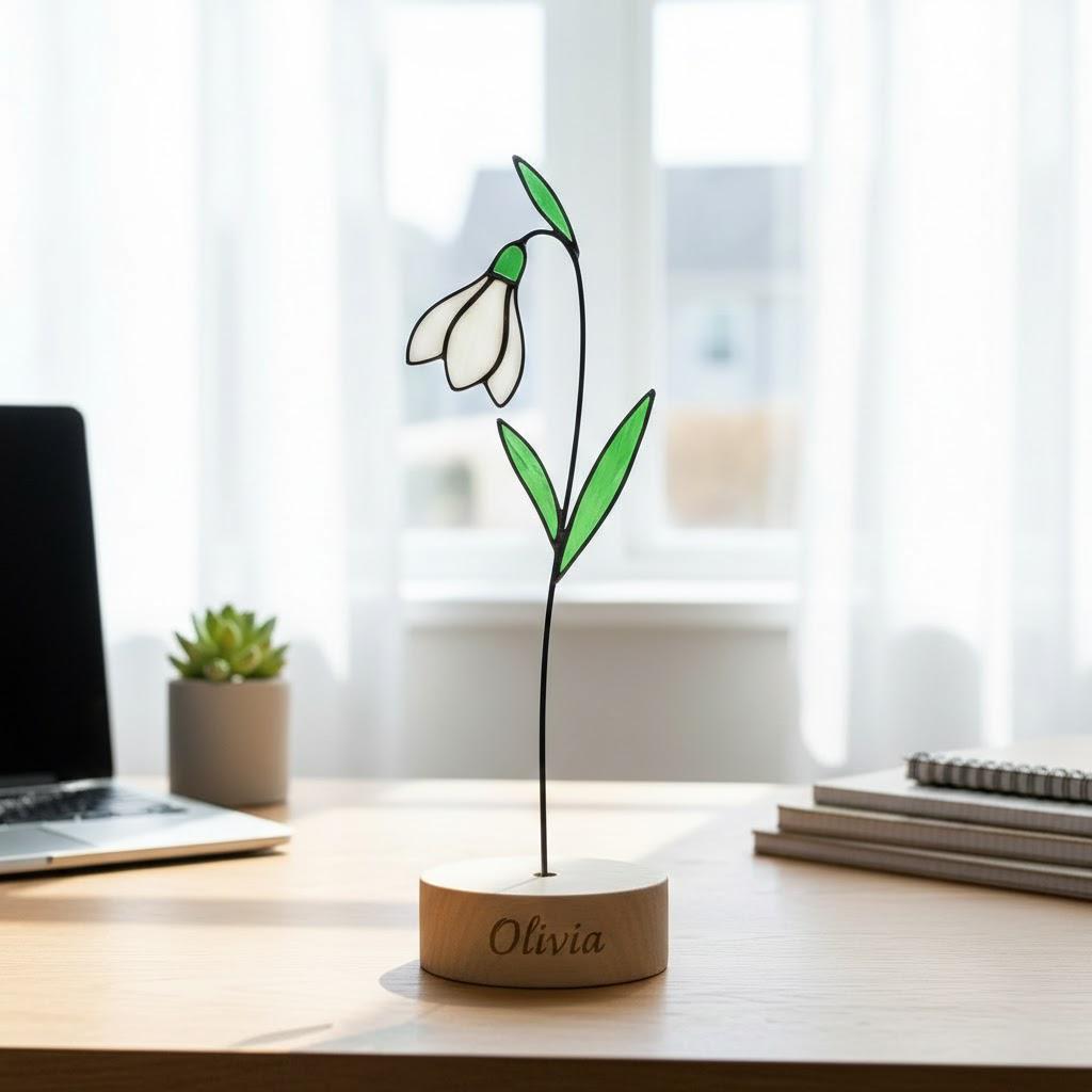 Handmade stained glass birth flower with engraved wooden base, personalized flower decor gift for birthday, mother’s day and home decor