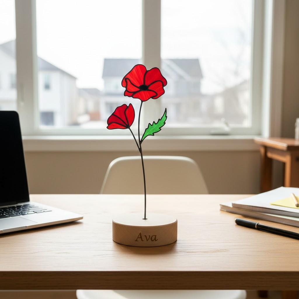 Handmade stained glass birth flower with engraved wooden base, personalized flower decor gift for birthday, mother’s day and home decor