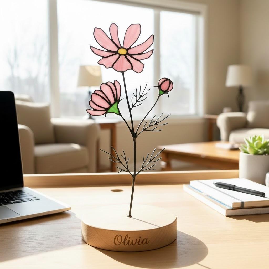 Handmade stained glass birth flower with engraved wooden base, personalized flower decor gift for birthday, mother’s day and home decor