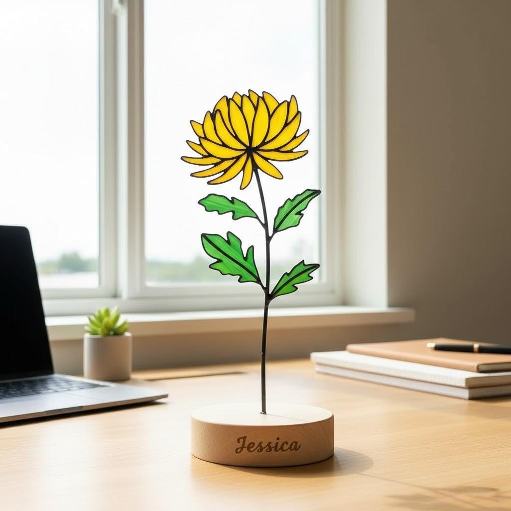 Handmade stained glass birth flower with engraved wooden base, personalized flower decor gift for birthday, mother’s day and home decor