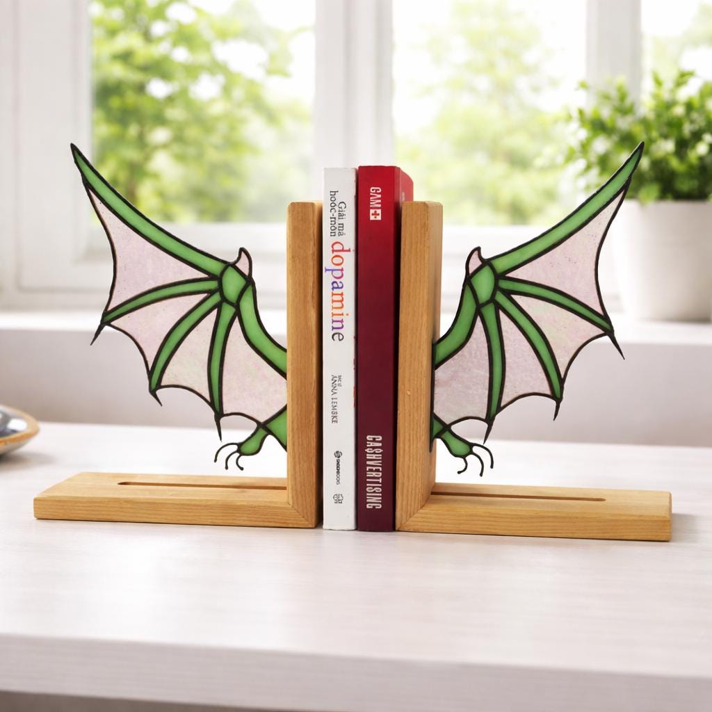 Handmade stained glass dragon wing bookends with solid oak wood base, fantasy bookshelf decor for book lovers and dark academia library
