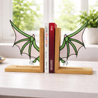 Handmade stained glass dragon wing bookends with solid oak wood base, fantasy bookshelf decor for book lovers and dark academia library