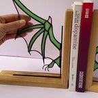 Handmade stained glass dragon wing bookends with solid oak wood base, fantasy bookshelf decor for book lovers and dark academia library