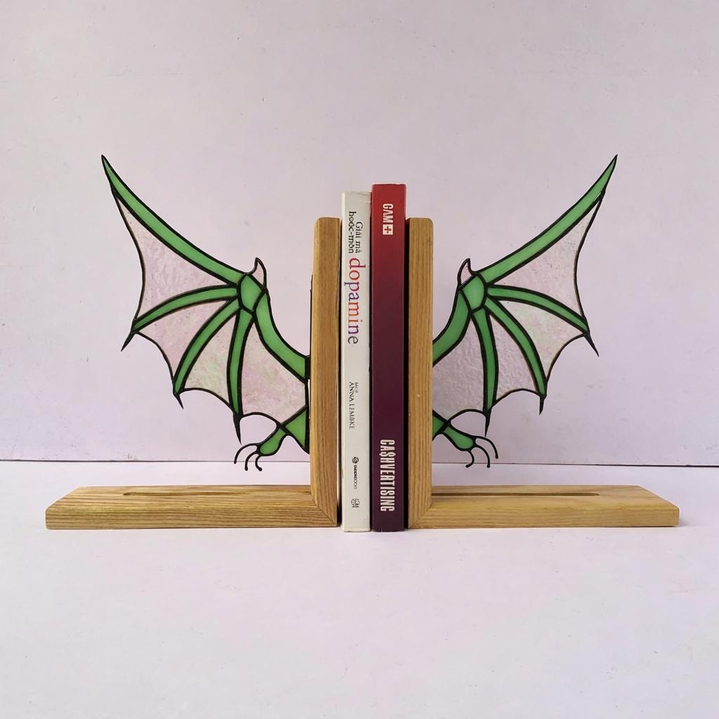 Handmade stained glass dragon wing bookends with solid oak wood base, fantasy bookshelf decor for book lovers and dark academia library