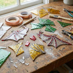 Handmade stained glass dragon wing bookends with solid oak wood base, fantasy bookshelf decor for book lovers and dark academia library