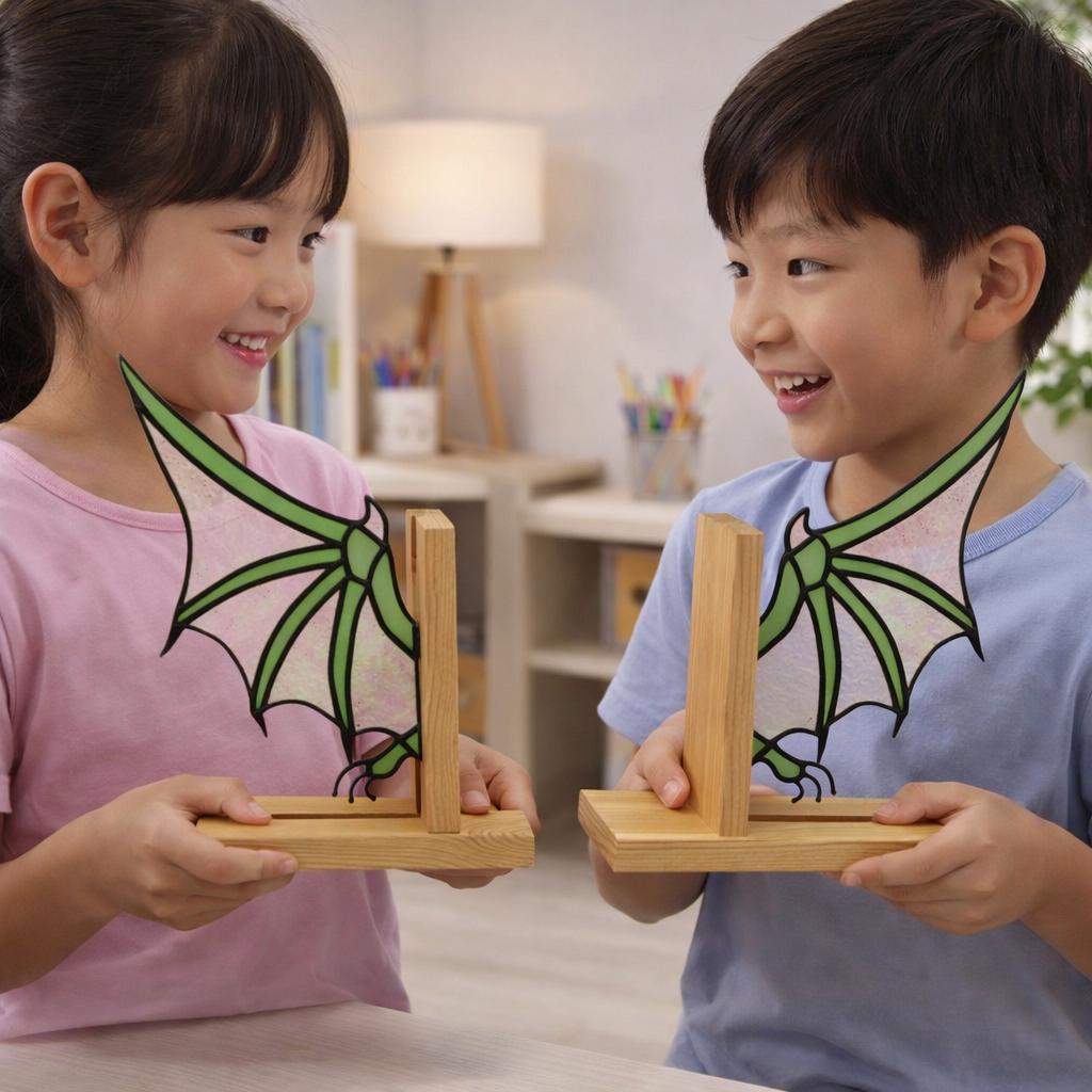 Handmade stained glass dragon wing bookends with solid oak wood base, fantasy bookshelf decor for book lovers and dark academia library