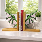 Handmade stained glass dragon wing bookends with solid oak wood base, fantasy bookshelf decor for book lovers and dark academia library