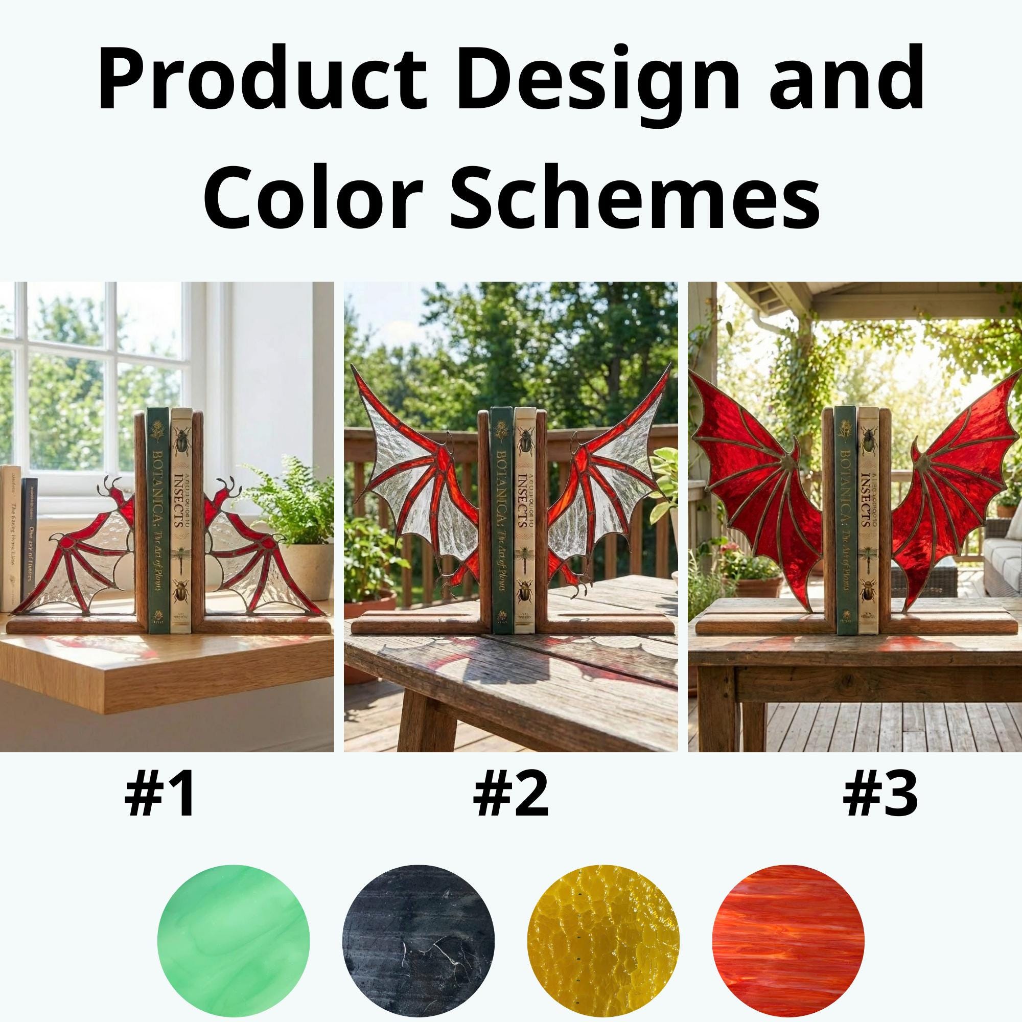 Handmade stained glass dragon wing bookends with solid oak wood base, fantasy bookshelf decor for book lovers and dark academia library