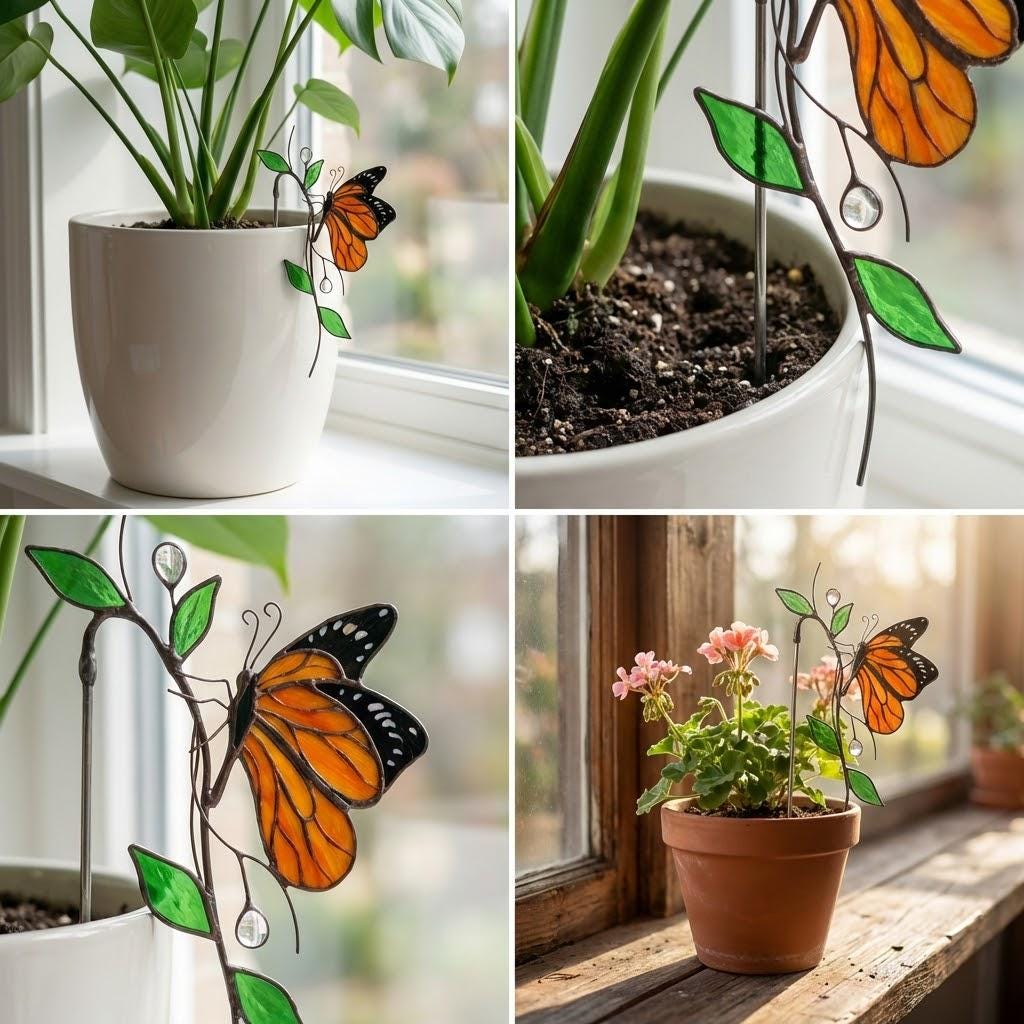 Monarch Butterfly Stained Glass Plant Stake | Suncatcher Pot Decor | Gardener Gift for Mom | Indoor Planter Art | Butterfly Lover Gift