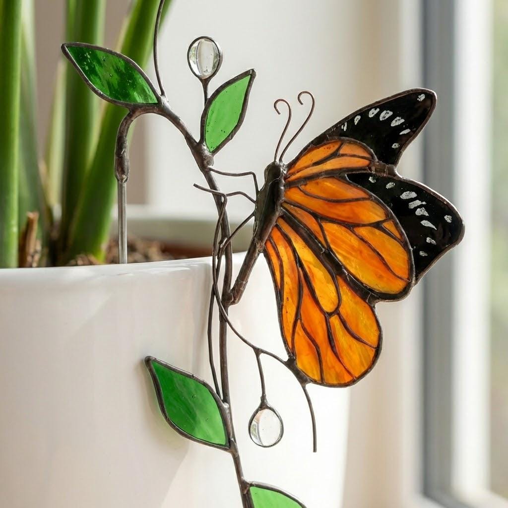 Monarch Butterfly Stained Glass Plant Stake | Suncatcher Pot Decor | Gardener Gift for Mom | Indoor Planter Art | Butterfly Lover Gift