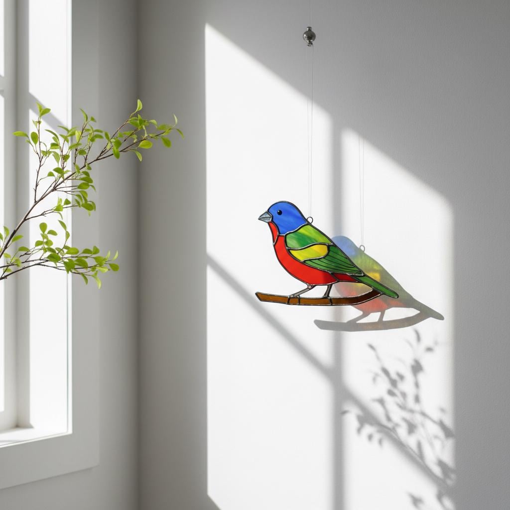 Handmade stained glass painted bunting bird suncatcher window hanging, colorful blue red green bird art, birdwatcher gift for dad or mom, spring nature decor.