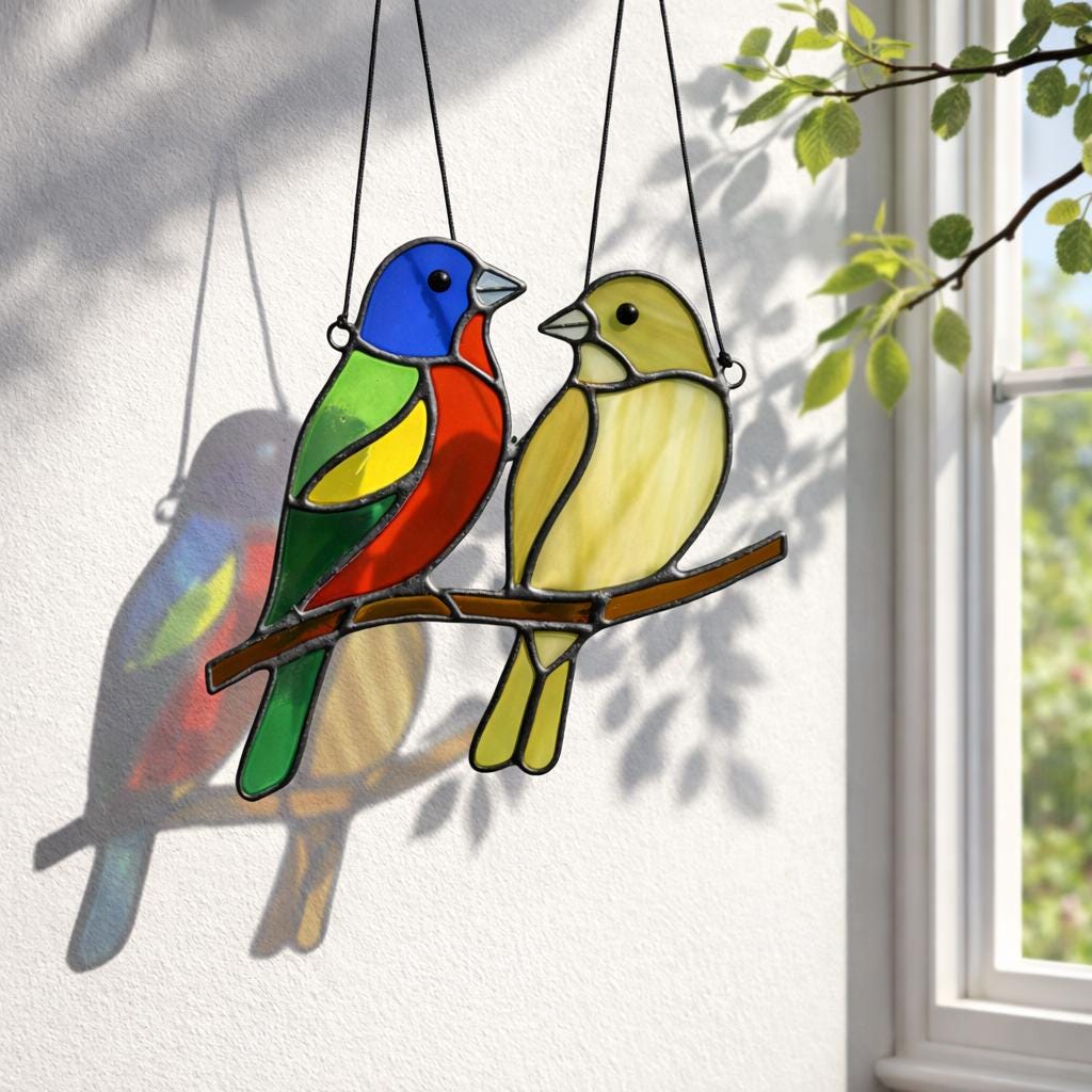 Handmade stained glass painted bunting bird suncatcher window hanging, colorful blue red green bird art, birdwatcher gift for dad or mom, spring nature decor.