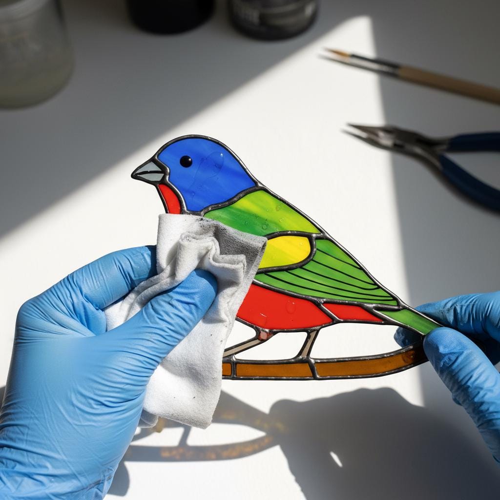 Handmade stained glass painted bunting bird suncatcher window hanging, colorful blue red green bird art, birdwatcher gift for dad or mom, spring nature decor.