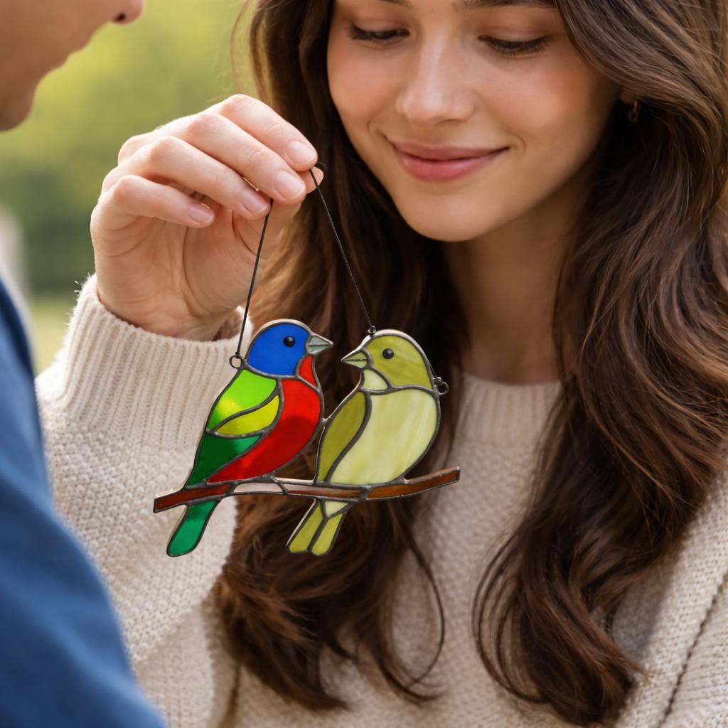 Handmade stained glass painted bunting bird suncatcher window hanging, colorful blue red green bird art, birdwatcher gift for dad or mom, spring nature decor.