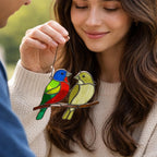 Handmade stained glass painted bunting bird suncatcher window hanging, colorful blue red green bird art, birdwatcher gift for dad or mom, spring nature decor.