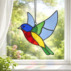 Handmade stained glass painted bunting bird suncatcher window hanging, colorful blue red green bird art, birdwatcher gift for dad or mom, spring nature decor.