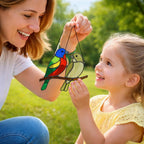 Handmade stained glass painted bunting bird suncatcher window hanging, colorful blue red green bird art, birdwatcher gift for dad or mom, spring nature decor.